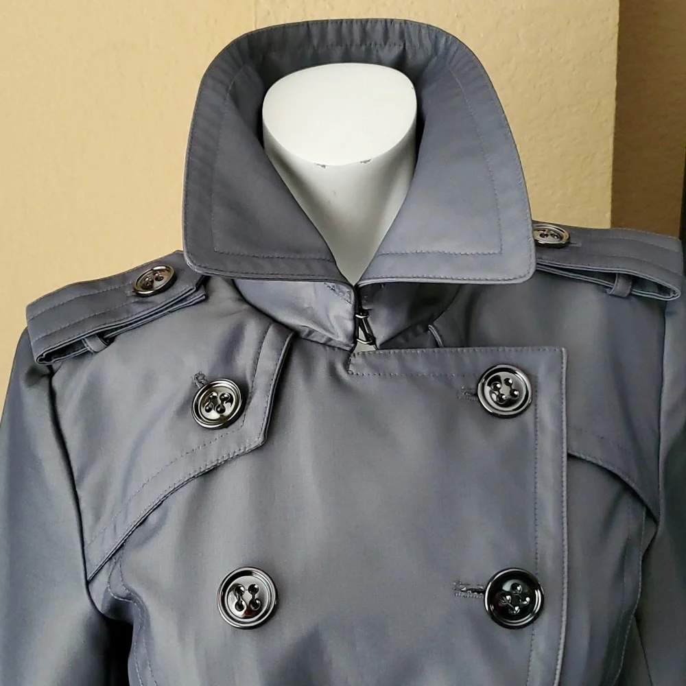 🆕️LONDON FOG Metallic Gray Water Resistant Double Breasted Trench Coat SIZE: PS - Picture 8 of 16